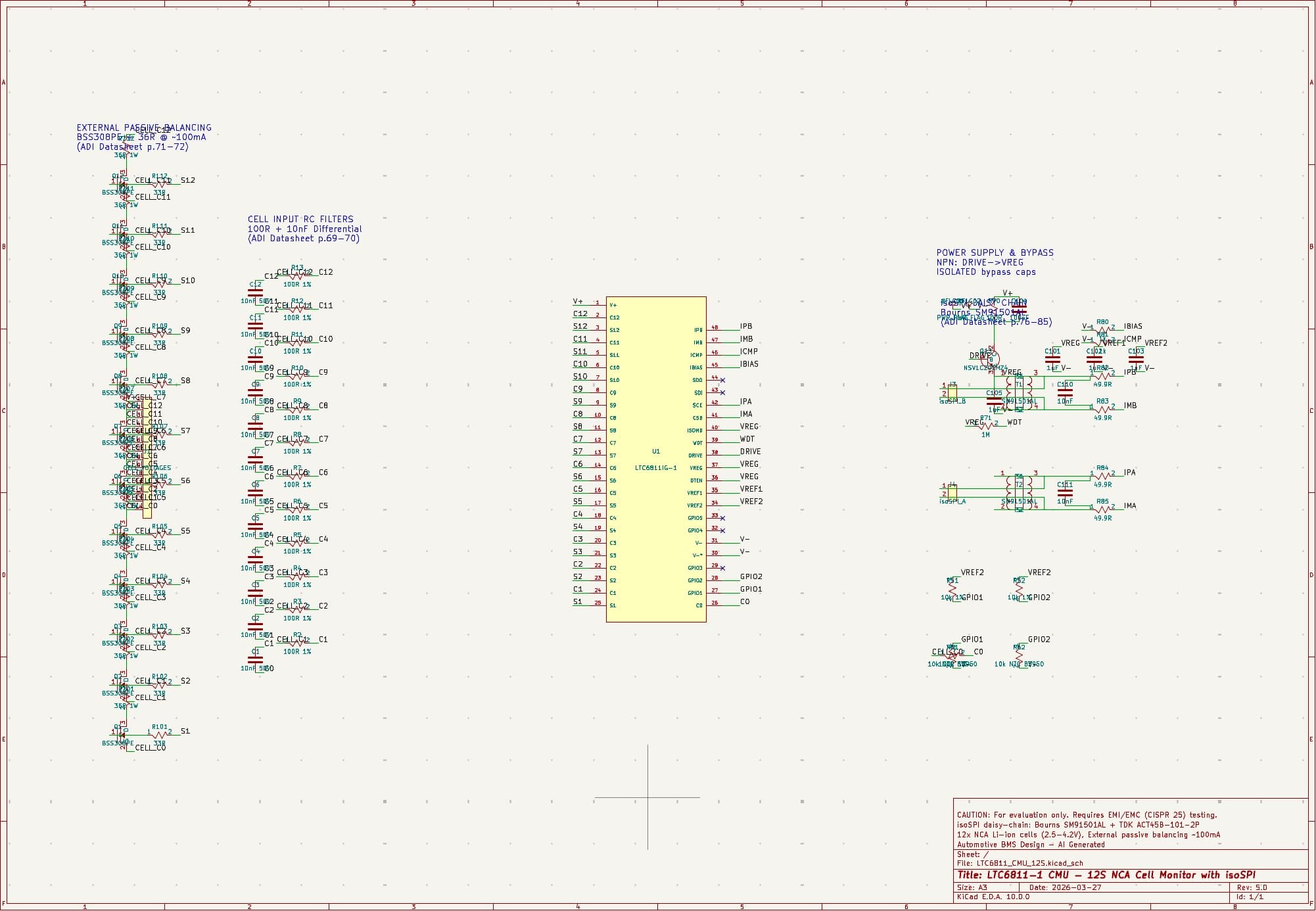 Generated cell monitoring unit schematics for KiCad after the fifth iteration. Not human-readable, nor free of ERC errors.